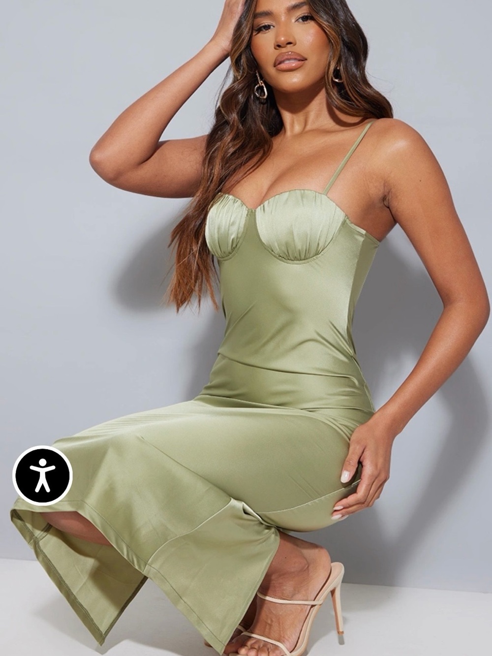 PrettyLittleThing Olive Satin Bustier Maxi Dress